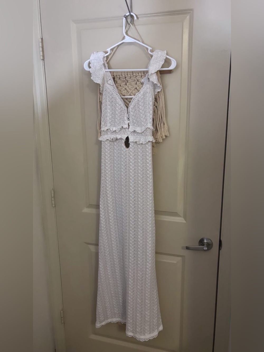 Women’s Cream Crochet Maxi Dress with Ruffle Straps